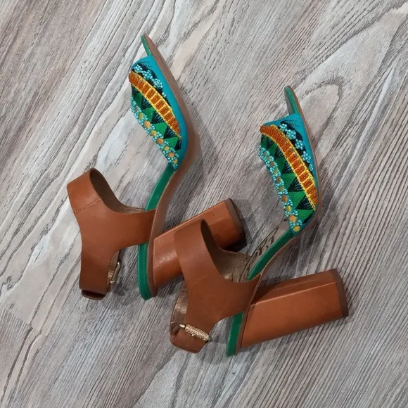 Sam Edelman Women's Yuri Green Camel Block Heels Ankle Strap Sandals Size 8.5M