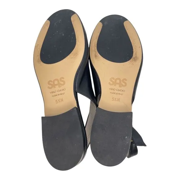 SAS Black Leather Slingback Flats/Sandals Size 5.5 M Made In Italy