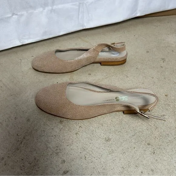 SAS Chloe J5 Beige Leather Snake Skin Pattern Slingback Closed Toe Flats Size 7M