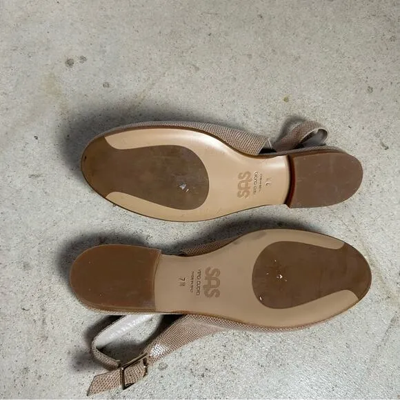 SAS Chloe J5 Beige Leather Snake Skin Pattern Slingback Closed Toe Flats Size 7M