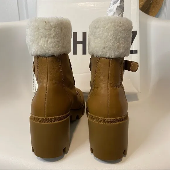 Schutz Aretuza Suede Shearling Boots Winter Platform Combat Watherpr Sandstone 7