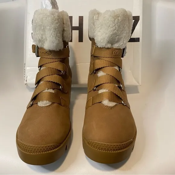 Schutz Aretuza Suede Shearling Boots Winter Platform Combat Watherpr Sandstone 7