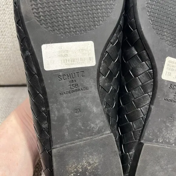 Schutz Black Arissa Woven Square Toe Leather Ballet Flats Size 7.5