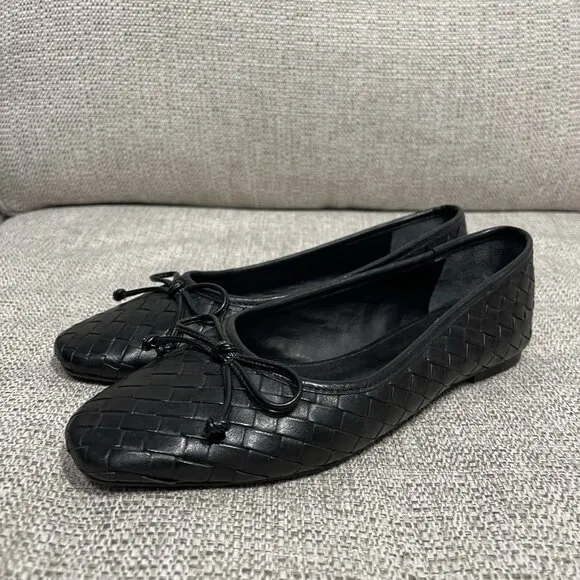 Schutz Black Arissa Woven Square Toe Leather Ballet Flats Size 7.5
