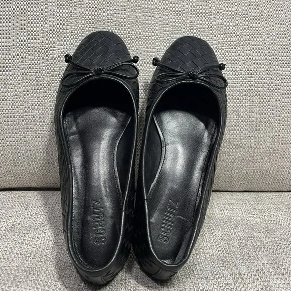 Schutz Black Arissa Woven Square Toe Leather Ballet Flats Size 7.5