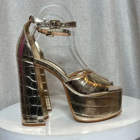 SCHUTZ LENNE GOLD CROC EMBOSSED LEATHER BLOCK HEEL PLATFORM SANDALS **NIB**