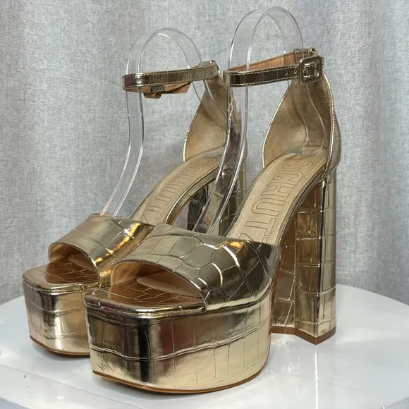 SCHUTZ LENNE GOLD CROC EMBOSSED LEATHER BLOCK HEEL PLATFORM SANDALS **NIB**