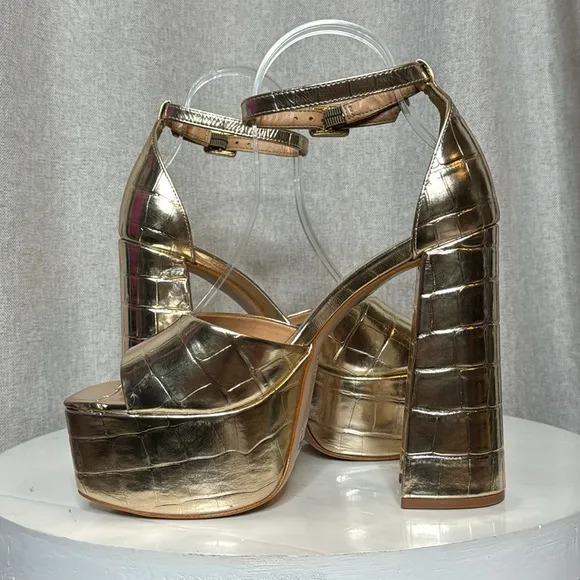 SCHUTZ LENNE GOLD CROC EMBOSSED LEATHER BLOCK HEEL PLATFORM SANDALS **NIB**