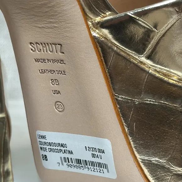 SCHUTZ LENNE GOLD CROC EMBOSSED LEATHER BLOCK HEEL PLATFORM SANDALS **NIB**