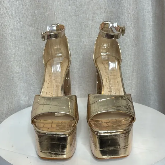 SCHUTZ LENNE GOLD CROC EMBOSSED LEATHER BLOCK HEEL PLATFORM SANDALS **NIB**