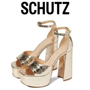 SCHUTZ LENNE GOLD CROC EMBOSSED LEATHER BLOCK HEEL PLATFORM SANDALS **NIB**