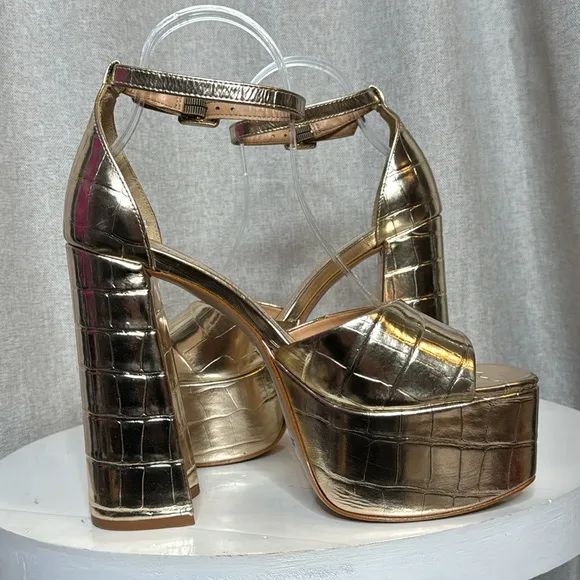SCHUTZ LENNE GOLD CROC EMBOSSED LEATHER BLOCK HEEL PLATFORM SANDALS **NIB**