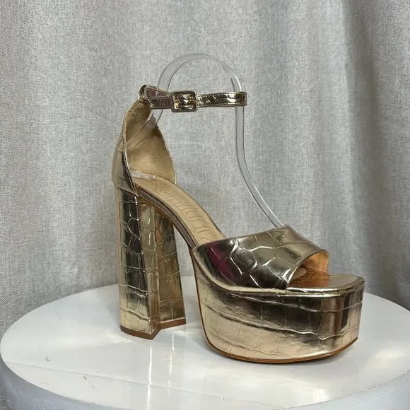 SCHUTZ LENNE GOLD CROC EMBOSSED LEATHER BLOCK HEEL PLATFORM SANDALS **NIB**