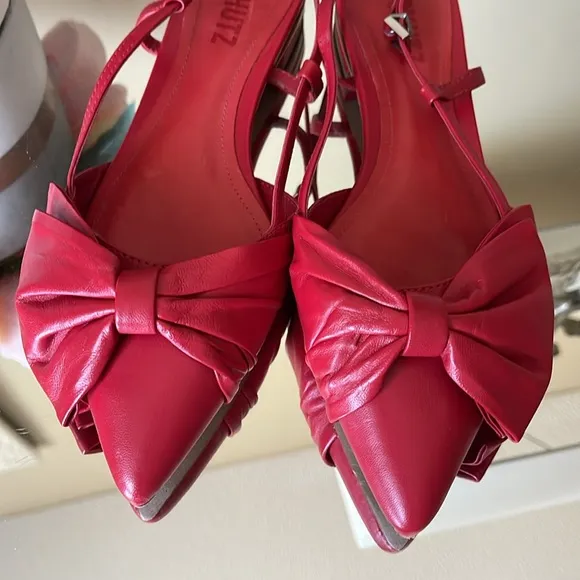 SCHUTZ Red Bow Leather Slingback Flats