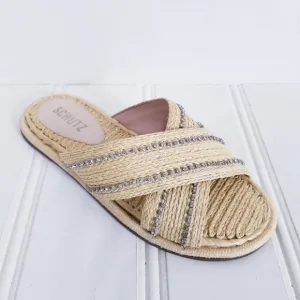 Schutz Rhinestone Raffia Sandals Womens Carlotta Crossover Flat Summer Shoes 6