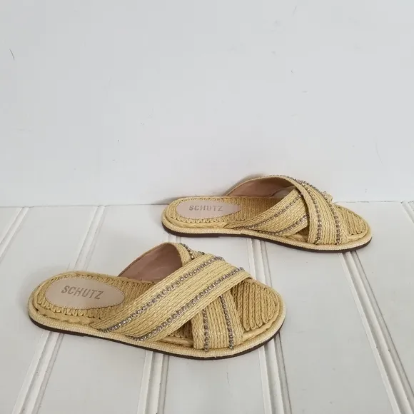 Schutz Rhinestone Raffia Sandals Womens Carlotta Crossover Flat Summer Shoes 6