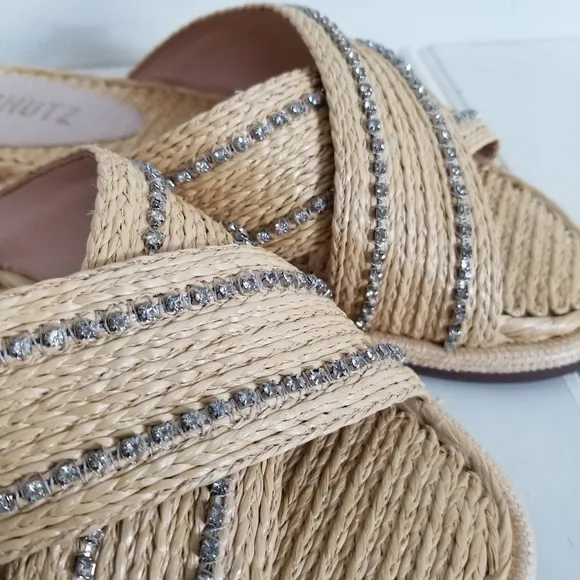 Schutz Rhinestone Raffia Sandals Womens Carlotta Crossover Flat Summer Shoes 6