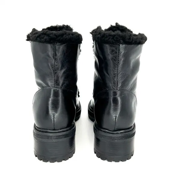 Schutz Stephan Boots Size 8.5 Black Leather Ankle Booties Faux Shearling  New