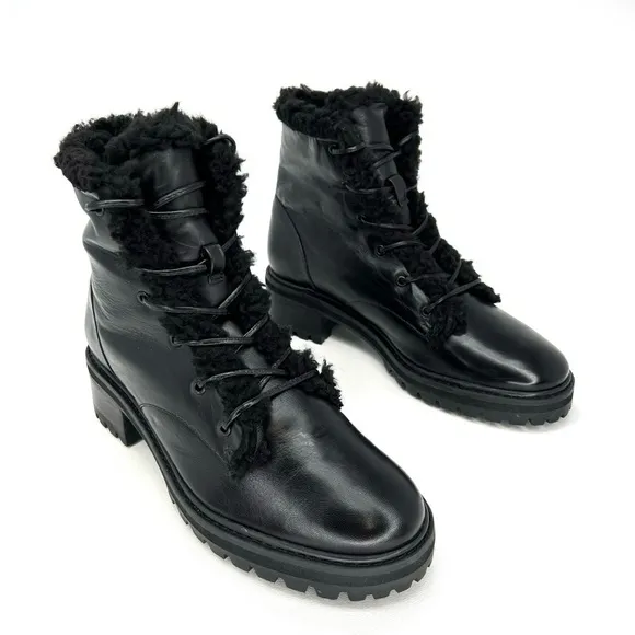 Schutz Stephan Boots Size 8.5 Black Leather Ankle Booties Faux Shearling  New