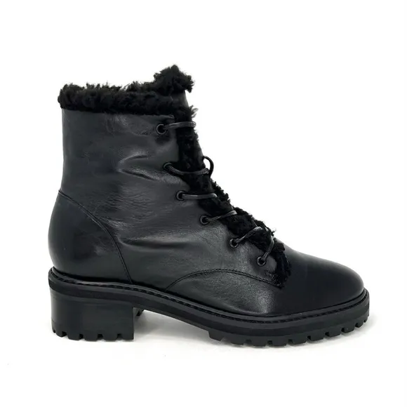 Schutz Stephan Boots Size 8.5 Black Leather Ankle Booties Faux Shearling  New