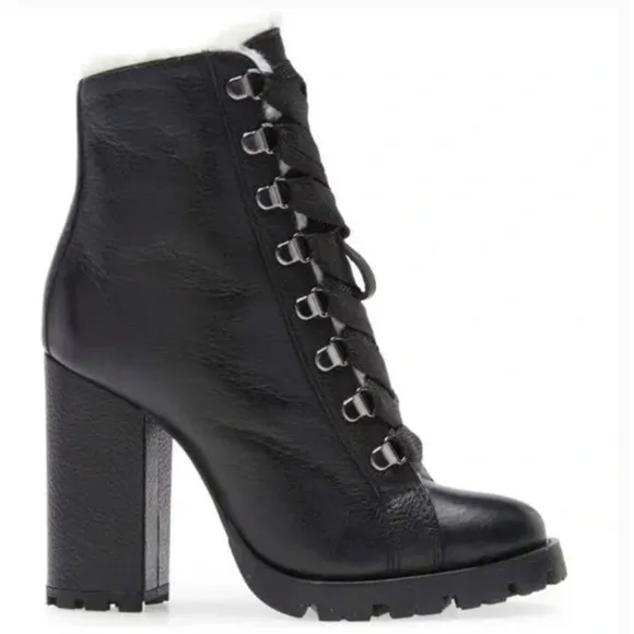 Schutz Zhara Lace Combat Boots 8 Black NWOT Sherpa Shearling Ankle Booties Zara