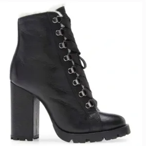 Schutz Zhara Lace Combat Boots 8 Black NWOT Sherpa Shearling Ankle Booties Zara
