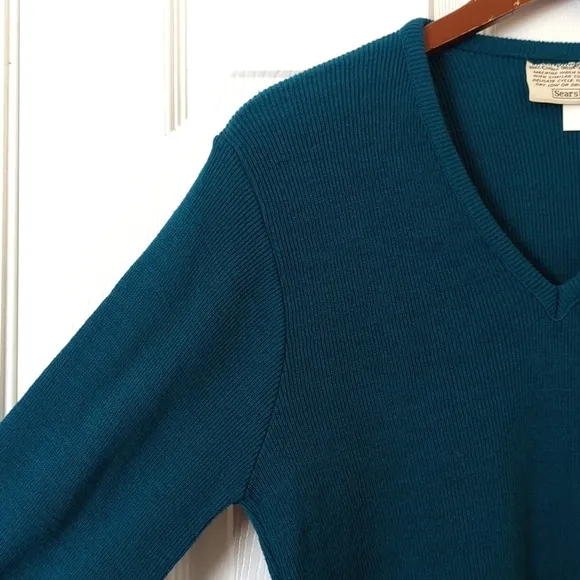 Sears 80's Vintage Deadstock Civona Light Ribbed Knit V-neck Sweater Teal Blue L