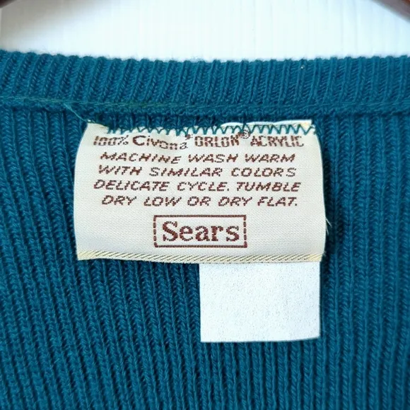 Sears 80's Vintage Deadstock Civona Light Ribbed Knit V-neck Sweater Teal Blue L