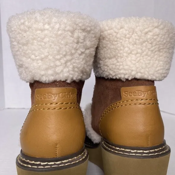 See by Chloe Boots Womens 38 Wedge Booties Eileen Platform Shearling Hiker US 8