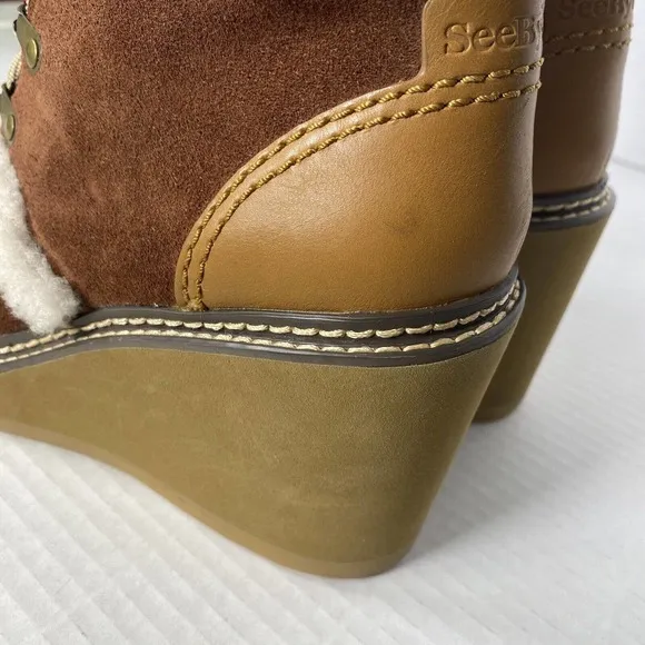 See by Chloe Boots Womens 38 Wedge Booties Eileen Platform Shearling Hiker US 8