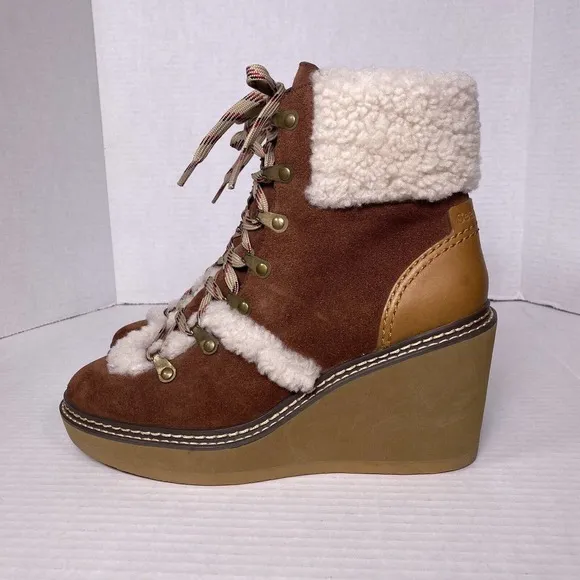 See by Chloe Boots Womens 38 Wedge Booties Eileen Platform Shearling Hiker US 8
