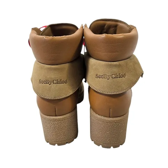 See by Chloe Eileen Chuncky Heel Hiking Tan Suede/Leather Boots