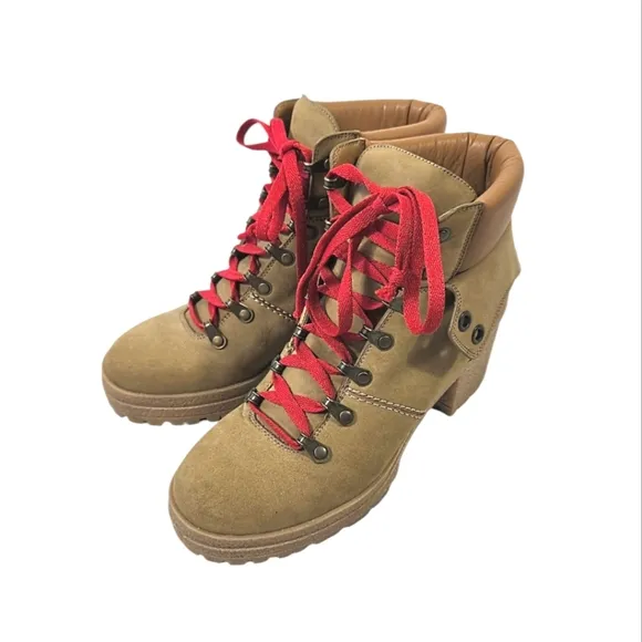 See by Chloe Eileen Chuncky Heel Hiking Tan Suede/Leather Boots