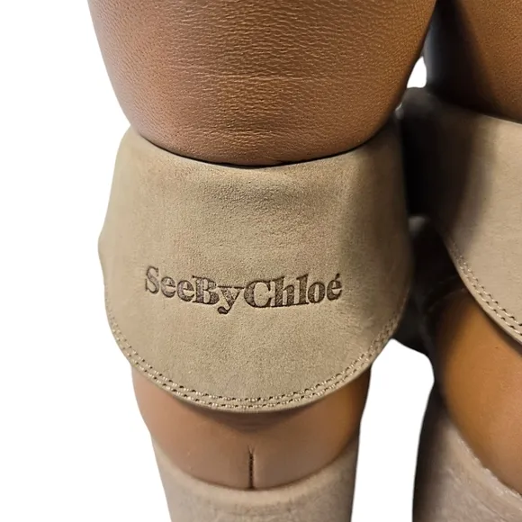 See by Chloe Eileen Chuncky Heel Hiking Tan Suede/Leather Boots