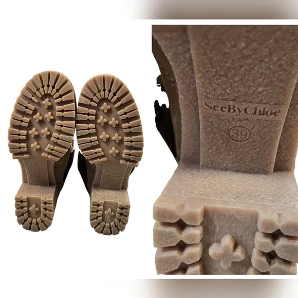 See by Chloe Eileen Chuncky Heel Hiking Tan Suede/Leather Boots
