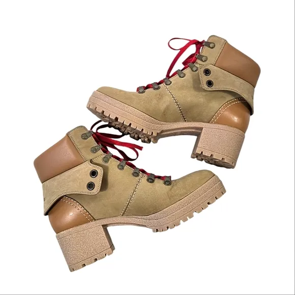 See by Chloe Eileen Chuncky Heel Hiking Tan Suede/Leather Boots