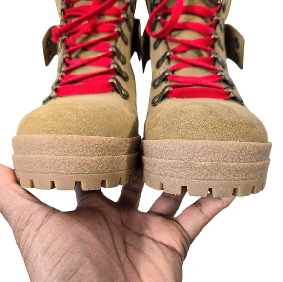 See by Chloe Eileen Chuncky Heel Hiking Tan Suede/Leather Boots