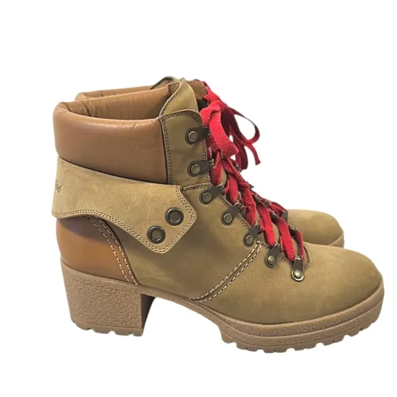 See by Chloe Eileen Chuncky Heel Hiking Tan Suede/Leather Boots