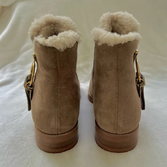 See by Chloe Louise Sherpa Taupe Tan Suede Size 40 Shearling Lined Ankle Boots