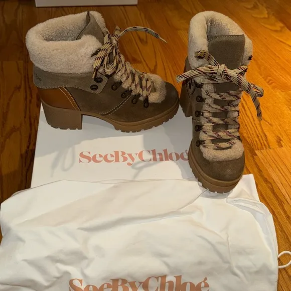 See By Chloe shearling hiker boots worn 1x for maybe an hour so basically new