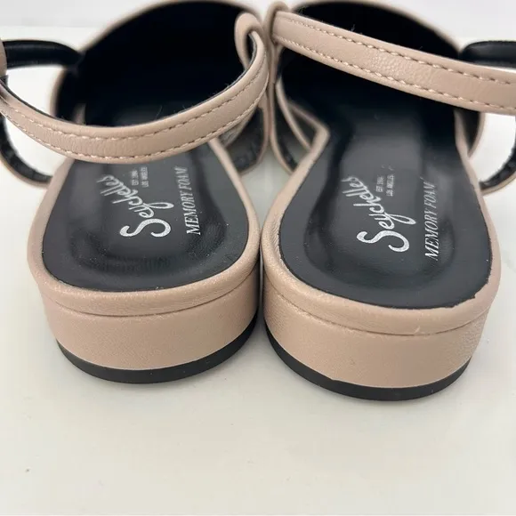 Seychelles Slingback Flats Shoes Cap Toe Block Heel Black Tan Woman Size 7.5 NEW