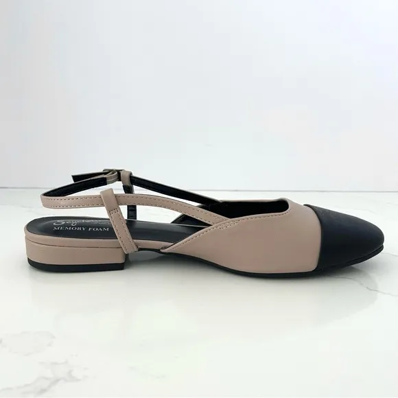 Seychelles Slingback Flats Shoes Cap Toe Block Heel Black Tan Woman Size 7.5 NEW