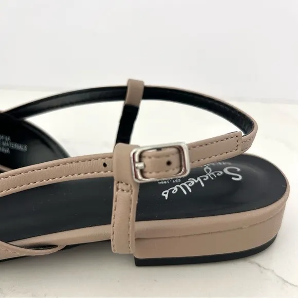 Seychelles Slingback Flats Shoes Cap Toe Block Heel Black Tan Woman Size 7.5 NEW