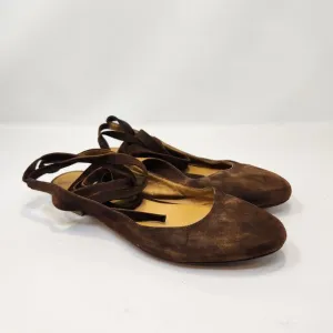 Sezane Womens Nina Brown Leather Ankle Tie Slingback Flats US 11 EU 42 Suede