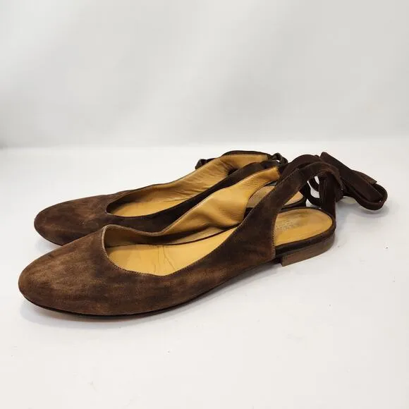 Sezane Womens Nina Brown Leather Ankle Tie Slingback Flats US 11 EU 42 Suede
