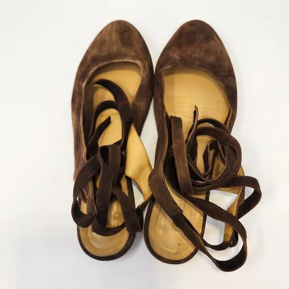 Sezane Womens Nina Brown Leather Ankle Tie Slingback Flats US 11 EU 42 Suede