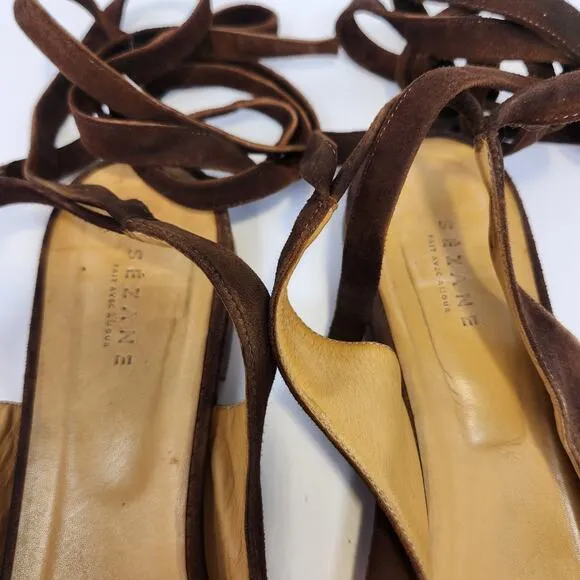 Sezane Womens Nina Brown Leather Ankle Tie Slingback Flats US 11 EU 42 Suede
