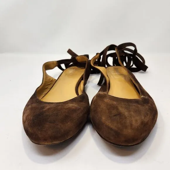 Sezane Womens Nina Brown Leather Ankle Tie Slingback Flats US 11 EU 42 Suede