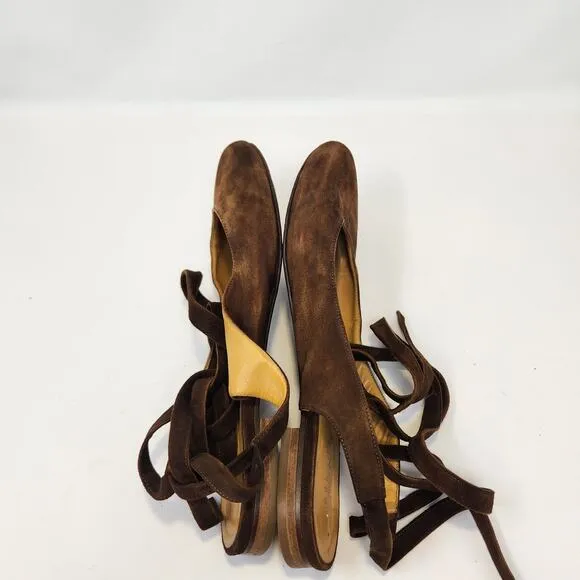Sezane Womens Nina Brown Leather Ankle Tie Slingback Flats US 11 EU 42 Suede
