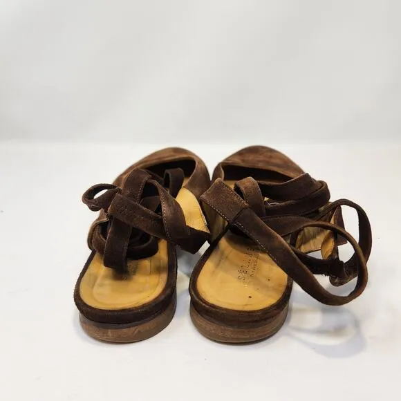 Sezane Womens Nina Brown Leather Ankle Tie Slingback Flats US 11 EU 42 Suede